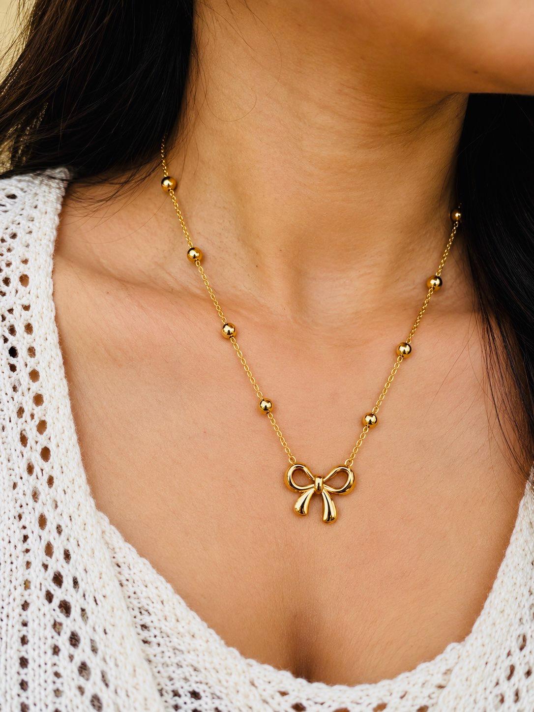 LAX_Golden Bow Beaded Necklace for Women - Image 1