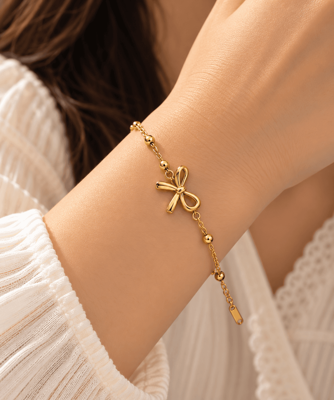 LAX_Bow Charm Beaded Chain Bracelet for Women - Image 1